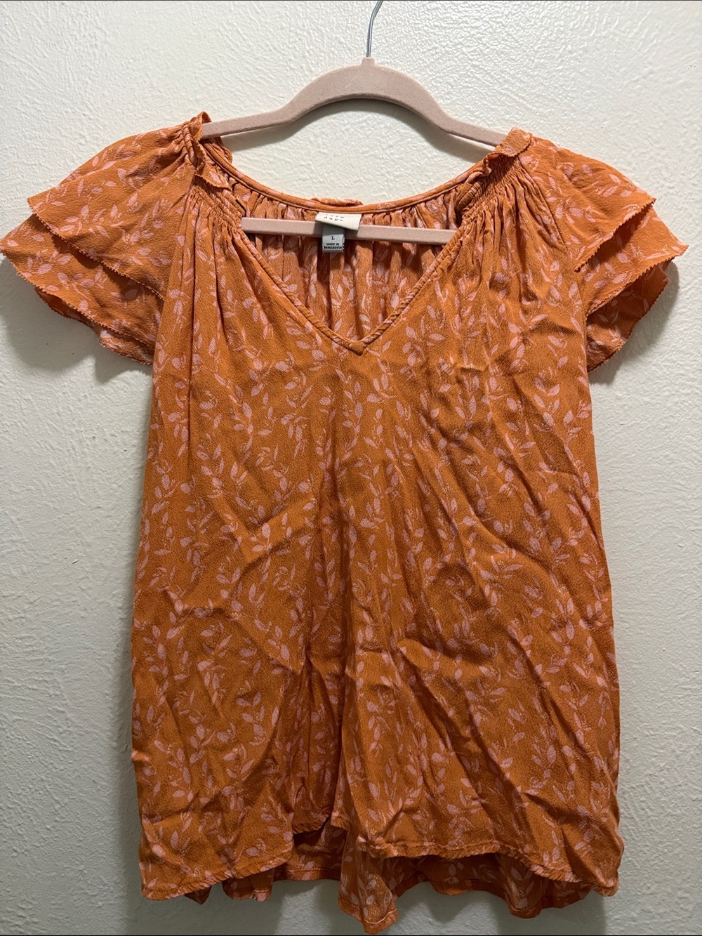 a new day Orange V-Neck Flutter Sleeve Blouse with Pink Leaf Motif
